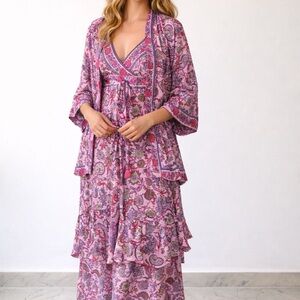 Floral Pink and Purple 3 Piece Co Ord Set (Kimono + dress+ Palazzo), Vegan Silk